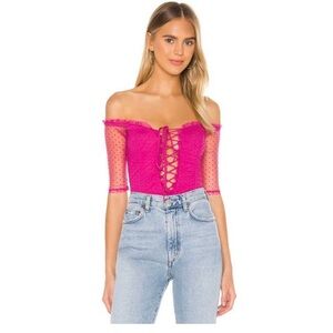 MAJORELLE Hot Pink Off-Shoulder Lace-Up Mesh Bodysuit